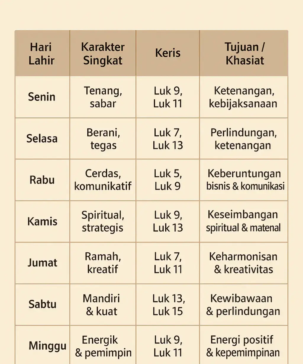 1. Senin Karakter: Tenang, sabar, bijaksana. Keris cocok: Keris luk 9 atau 11 (untuk menambah kewibawaan) Keris dengan pamor Kembang Jalak atau Pulo Tirto Tujuan: Menambah ketenangan, kebijaksanaan, dan kecerdasan. 2. Selasa Karakter: Berani, tegas, kadang emosional. Keris cocok: Keris luk 7 atau 13 (untuk keberanian dan perlindungan) **Pamor Wulung atau Suwuk Tujuan: Perlindungan diri, menyalurkan energi positif, mengendalikan emosi. 3. Rabu Karakter: Cepat tanggap, komunikatif, cerdas. Keris cocok: Luk 5 atau 9 Pamor Udan Mas atau Klayu Tujuan: Menambah kecerdasan, keberuntungan dalam bisnis atau komunikasi. 4. Kamis Karakter: Penuh pertimbangan, spiritual, strategis. Keris cocok: Luk 9 atau 13 Pamor Tumpal atau Pulo Tirto Tujuan: Keseimbangan spiritual dan material, keberuntungan. 5. Jumat Karakter: Ramah, bijaksana, kreatif. Keris cocok: Luk 7 atau 11 Pamor Kembang Tebu atau Kembang Kelapa Tujuan: Mendatangkan keharmonisan dan kreativitas. 6. Sabtu Karakter: Kuat, mandiri, berwibawa. Keris cocok: Luk 13 atau 15 Pamor Wulung atau Kencana Tujuan: Menambah kewibawaan, keberanian, dan perlindungan. 7. Minggu Karakter: Optimis, pemimpin, energik. Keris cocok: Luk 9 atau 11 Pamor Galaning atau Kuncoro Tujuan: Menambah energi positif, keberuntungan, kepemimpinan. #weton #keris
