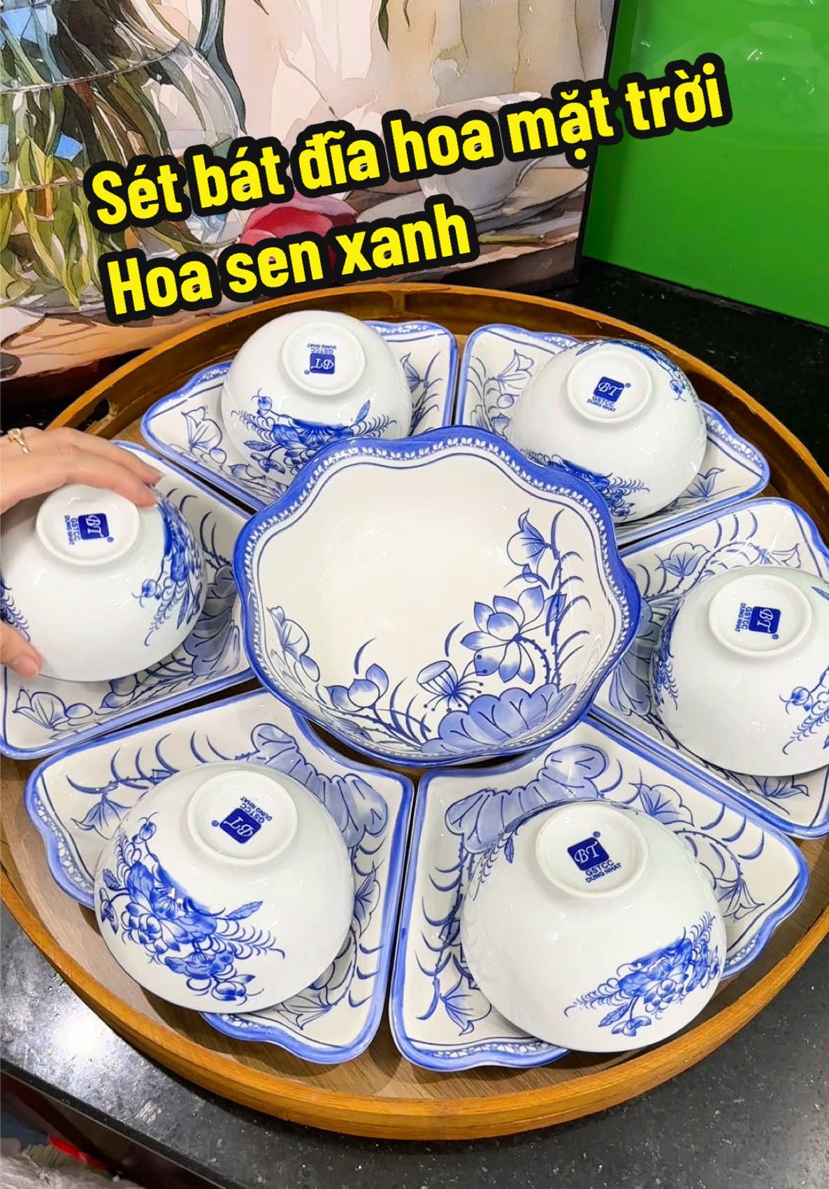 Sét bát đĩa hoa mặt trời họa tiết hoa sen xanh bày mâm cúng gia tiên #ocphuongreview #bobatdiahoamattroi #bobatdiabaymamcung #bobatdiahoamattroihoasen 