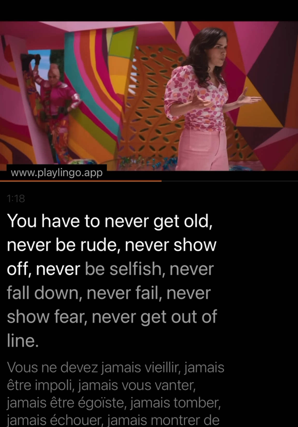 Key Phrases & Meanings  get old — to age or become older. 👉 It means staying young in spirit and appearance. be rude — to act impolitely or disrespectfully. 👉 It means being kind and polite instead of hurting others with words. show off — to try to impress others too much. 👉 It means not doing things just for attention or praise. be selfish — to care only about yourself. 👉 It means thinking about other people’s needs too. fall down — to fail or make mistakes. 👉 It means staying strong even when things go wrong. fail — to not succeed at something. 👉 It means always trying again, no matter what happens. show fear — to let others see that you’re scared. 👉 It means appearing brave even when you’re afraid. get out of line — to not follow rules or expected behavior. 👉 It means staying within what society expects from you. #learnenglish #shadowingenglish #apprendrelanglais #aprendiendoingles #englishvocabulary  Iconic Barbie Speach | Learn English Easy and Fun with PlayLingo ▶️👀