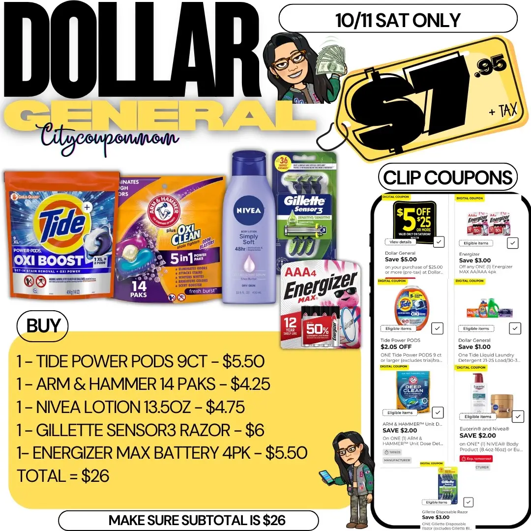 🔥 Dollar General — $5/$25 scenario deals & options  📌 10/11 Sat only!  📌 Make sure items attaches to digitals!  📌 Make sure subtotal is at the threshold! #dollargeneralcouponing #dollargeneral #dollargeneraldeals #couponing #coupon 