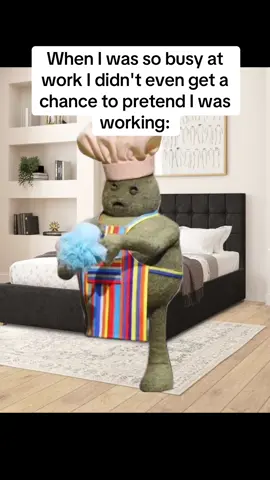 This meme hilariously nails the exhaustion of a hectic workday with the text “When I was so busy at work I didn’t even get a chance to pretend I was working:” It shows Tiny Chef (that adorable little green guy from The Tiny Chef Show) dramatically dropping a cleaning brush and flopping down to sit on the edge of a comfy bed in a stylish bedroom, like he’s too wiped out to even fake productivity #relatablememes #work #tinychef #capcutmemes #worklife 