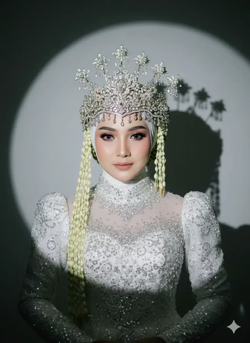 Prompt:Editlah foto mengenakan gaun pengantin berwarna putih yang dihiasi dengan banyak sekali manik-manik atau payet berkilauan (glittering beads/sequins) di seluruh bagian dada dan bahu, menciptakan tekstur yang kaya dan gemerlap. Gaunnya memiliki leher tinggi dan seolah-olah dilapisi oleh kain tipis (sheer fabric) di area leher dan dada atas, yang juga berhiaskan manik-manik. Lengan gaunnya tampak sedikit mengembang atau bervolume di bagian bahu. Riasan Wajah dan Aksesori Wajahnya dirias dengan riasan pengantin (bridal makeup) yang sangat terpoles dan lembut, menonjolkan mata dengan eyeliner dan bulu mata palsu, serta bibir berwarna merah muda natural. Wajahnya tampak flawless dan berkilau. Ia mengenakan kerudung berwarna putih yang membentuk inner untuk mahkota atau hiasan kepala yang dikenakannya. Aksesori kepalanya adalah mahkota pengantin adat Siger Sunda atau gaya serupa dari tradisi pernikahan Indonesia, yang terbuat dari bahan metal berwarna perak yang sangat berkilauan dan berukir indah, dengan ornamen bunga atau kuncup di puncaknya. Di kedua sisi kepala, menjuntai roncean bunga melati (jasmine flower strands) yang sangat panjang, tebal, dan indah, jatuh hingga ke dada, yang merupakan ciri khas pengantin tradisional di beberapa daerah di Indonesia. Secara keseluruhan, foto ini memancarkan kesan elegan, mewah, dan anggun, menangkap keindahan tradisi pernikahan Indonesia. Buat foto agar terlihat setengah badan Pengaturan Pencahayaan (Lighting Setup - Sinematik & Editorial) Cahaya Utama (Key Light): Softbox tunggal dari kiri atas depan, menghasilkan cahaya merata (even glow) dan highlight kulit yang halus. Latar Belakang (Background): Proyeksi lampu sorot melingkar di belakang subjek, menciptakan gradien seperti lingkaran cahaya (halo-like gradient), dengan bayangan mahkota terpantul tajam ke latar belakang untuk efek dramatis. Cahaya Pengisi (Fill Light): Minimal, mempertahankan bayangan alami untuk menambah kedalaman. Hasil: Suram (moody) namun elegan, dengan kontras yang bersih dan nuansa seperti lukisan (painterly tones). Rasio Aspek: 9:16 vertikal, komposisi terpusat (centered composition) Kualitas ultra HD.  #geminiai  #trendingtiktok  #fyppppppppppppppppppppppp 