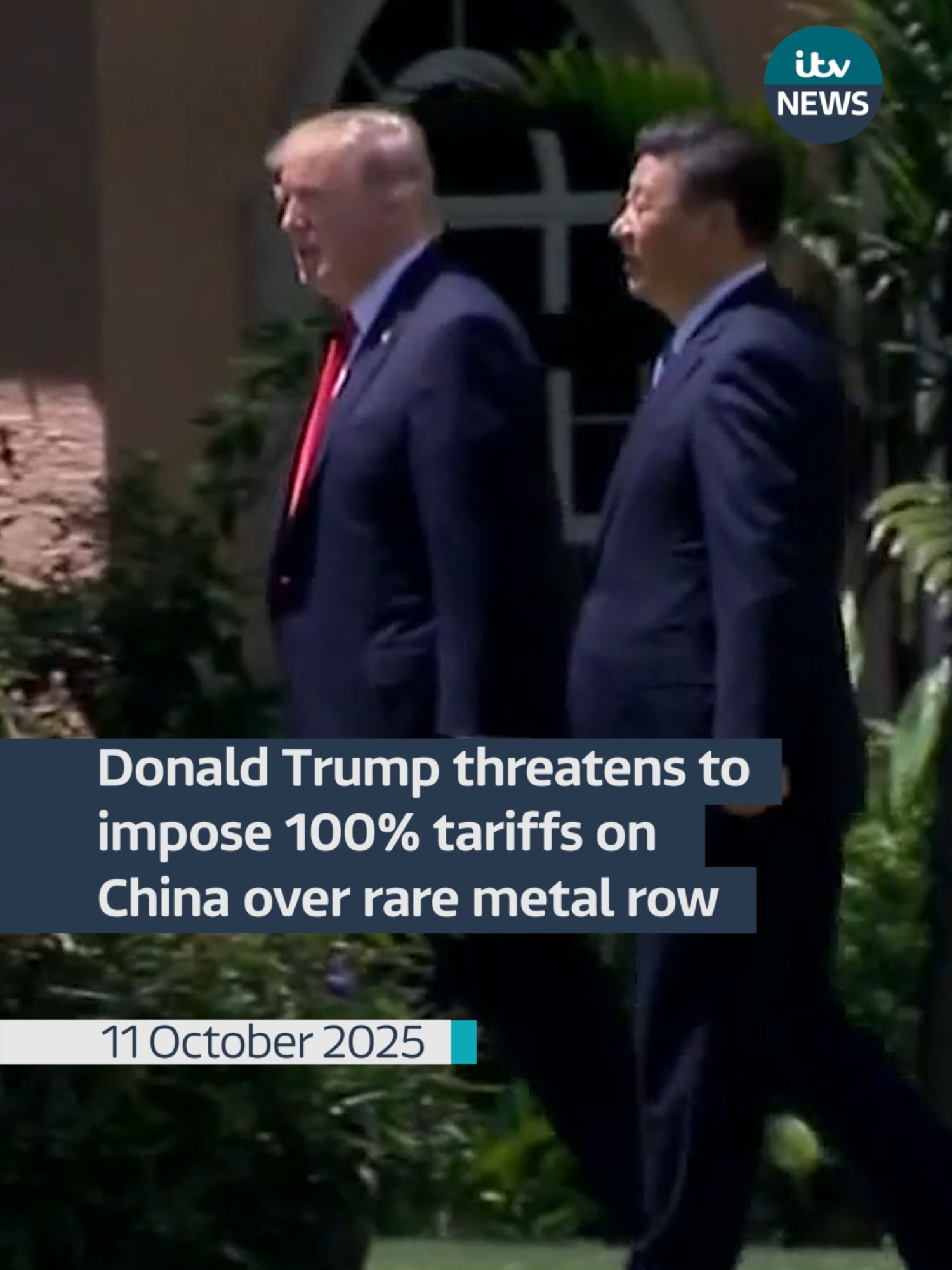 Donald Trump threatens to impose 100% tariffs on China over rare metal row. The proposed tax will come into place at the beginning of next month or potentially sooner, escalating tariff rates close to those in April. China restricted US access to rare earths on Thursday. The US president accused China of “becoming very hostile” and holding the world “captive” by restricting access to rare earth elements – metals which have diverse applications in magnets, electronics, computer chips, lasers, jet engines and other technologies. #itvnews