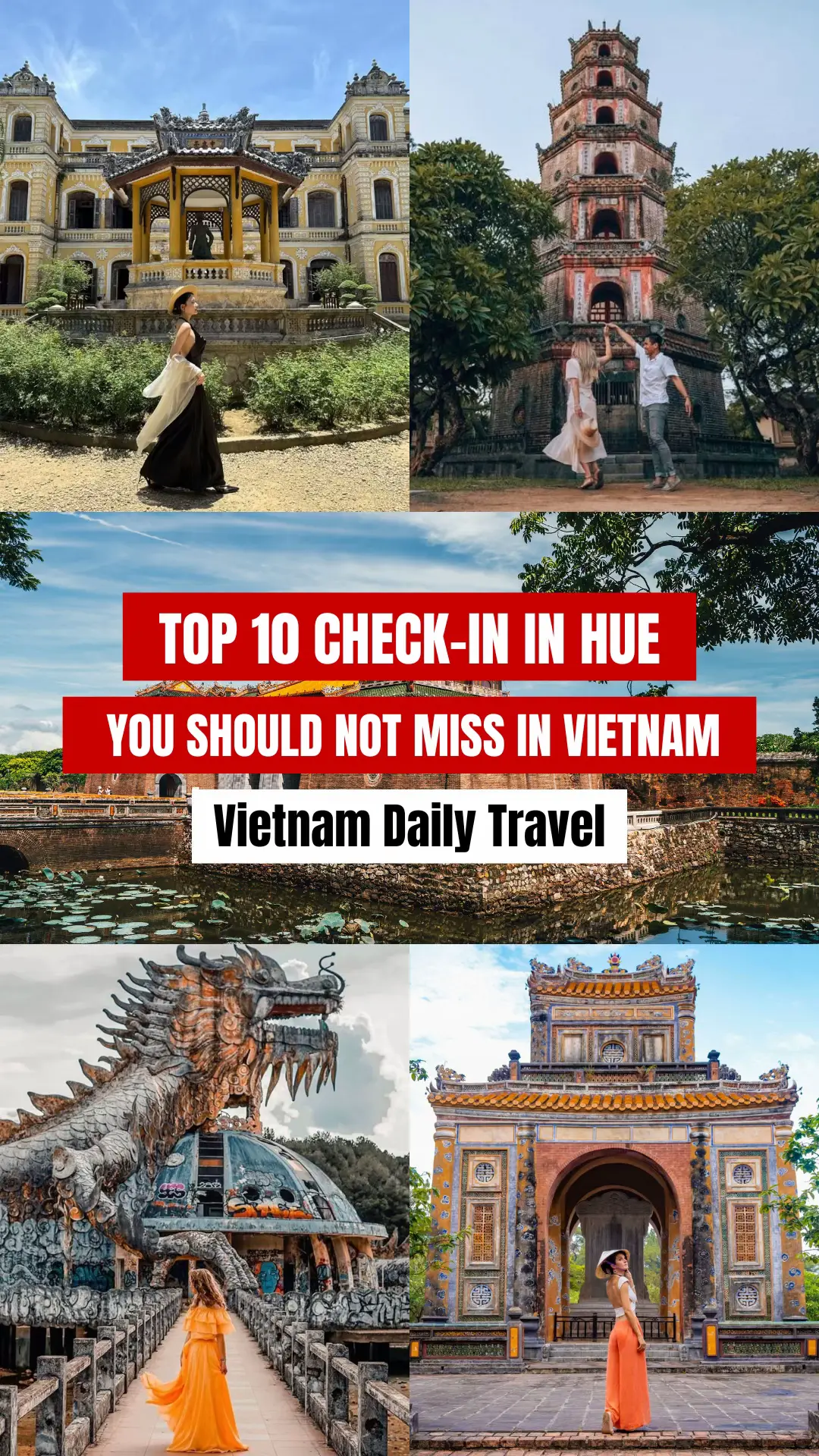 A city of history, culture & hidden charm: 1️⃣ Hue Imperial City 🏯 2️⃣ Thien Mu Pagoda 🛕 3️⃣ Thuy Xuan Incense Village 🌸 4️⃣ Thuy Tien Lake 🌊 5️⃣ Khai Dinh Tomb ⚜️ 6️⃣ Trang Tien Bridge 🌉 7️⃣ Minh Mang Tomb 🌿 8️⃣ Tu Duc Tomb 🏛️ 9️⃣ An Dinh Palace 👑 🔟 Hue Flagpole 🚩 👉 Save this list & start your Hue adventure! 💯 #vietnamdailytravel #vietnam #checkinvietnam #vietnamtour #vietnamdailytours 