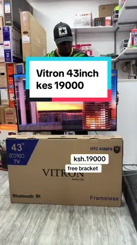 Vitron 43 inch smart android TV IN STOCK KSh 19,000.00 Here are the key features you can typically find in a Vitron 43-inch Smart Android TV: Display: 43-inch Screen Size: A versatile size suitable for various room sizes.    Full HD Resolution (1920 x 1080p): Delivers clear and detailed picture quality for everyday viewing.    LED Backlighting: Provides good brightness, contrast, and energy efficiency.    16:9 Aspect Ratio: Standard widescreen format for most video content.    Frameless or Slim Bezel Design: Offers a modern aesthetic and immersive viewing experience on many models.    Smart TV Features: Android TV Operating System: Provides a user-friendly interface and access to a wide array of apps through the Google Play Store. The specific Android version (e.g., Android 9, 11, or later) may vary by model.    Google Play Store Access: Download numerous streaming apps (Netflix, YouTube, Showmax, Amazon Prime Video, Disney+), games, and other applications.    Built-in Wi-Fi: Enables seamless wireless internet connectivity.    Pre-installed Apps: Usually includes popular apps like YouTube and Netflix.    Google Assistant Integration: Allows voice control of the TV and compatible smart home devices via the remote control.    Chromecast Built-in: Facilitates easy casting of content from your mobile devices to the TV.    Over-the-Air (OTA) Updates: Automatic software updates to ensure the latest features and security.    Connectivity: Multiple HDMI Ports (Typically 2 or 3): Connect various devices like Blu-ray players, game consoles, and set-top boxes.    Multiple USB Ports (Typically 2): Connect USB storage devices for media playback. Some models support PVR (Personal Video Recording) to an external HDD.    AV Input (Composite): For connecting older analog devices. VGA Port: For connecting older computers (may not be available on all models). PC Audio In: Audio input accompanying the VGA port.    Ethernet Port (LAN): For a stable wired internet connection. Bluetooth: For connecting wireless headphones, speakers, and other compatible devices (available on many newer models).    Audio: Integrated Stereo Speakers: Provide basic audio output.    Audio Output Ports (Headphone Jack, Optical/Coaxial): For connecting external sound systems. Dolby Audio Support: Some models may offer enhanced audio quality with Dolby Audio technologies. Other Features: Built-in Digital Tuner (DVB-T2): For receiving free-to-air digital terrestrial TV channels (availability depends on your region). Multi-language OSD: User interface supports various languages. Full-function Remote Control: Standard remote with navigation, volume, channel, and smart app controls. Some remotes may have a voice control microphone.   Screen Mirroring: Allows you to mirror the screen of your smartphone or tablet on the TV. Energy Saving Features: Designed for efficient power consumption. Picture Modes: Offers various preset picture settings like Standard, Vivid, Movie, etc., to optimize viewing based on the content. EPG (Electronic Program Guide): Provides an on-screen guide for available TV program #vitrontv #vitronsmarttv #vitron43inch #smartandroidtv #fyp 