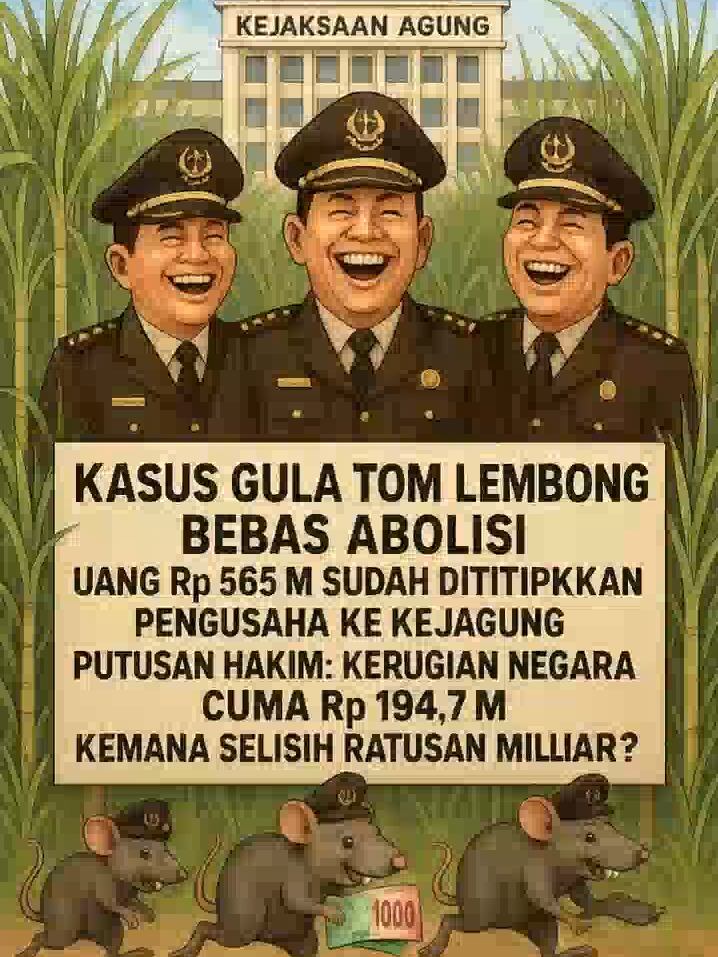 🎭 KASUS IMPOR GULA: DAGELAN DI BALIK MEJA HIJAU! ⚖️🔥 Rp 565 M uang titipan nyata ke Kejagung... tapi hakim cuma akui Rp 194,7 M kerugian negara?! Lalu... ke mana Rp 370 M yang “hilang”? 🤔 💣 Tom Lembong bebas dari uang pengganti, bahkan dapat abolisi cuma 2 minggu setelah vonis! Sementara pengusaha tender resmi tetap ditahan. 💬 “Korupsi bukan cuma soal uang, tapi juga saat hukum dipelintir untuk lindungi yang berkuasa.” 📌 Fakta Mencolok: * Titipan ke Kejagung: Rp 565 M * Kerugian versi hakim: Rp 194,7 M * Selisih lenyap: ± Rp 370 M 💥 Publik berhak tahu siapa yang main di balik layar! ⚠️ Jangan biarkan hukum jadi panggung dagelan politik. ⚖️ Saatnya bongkar korupsi intelektual! #ImporGula #KasusGula #Kejagung #TomLembong #KorupsiIntelektual #DagelanHukum #UangRakyat #KeadilanUntukSemua #ViralNews #FaktaJelang