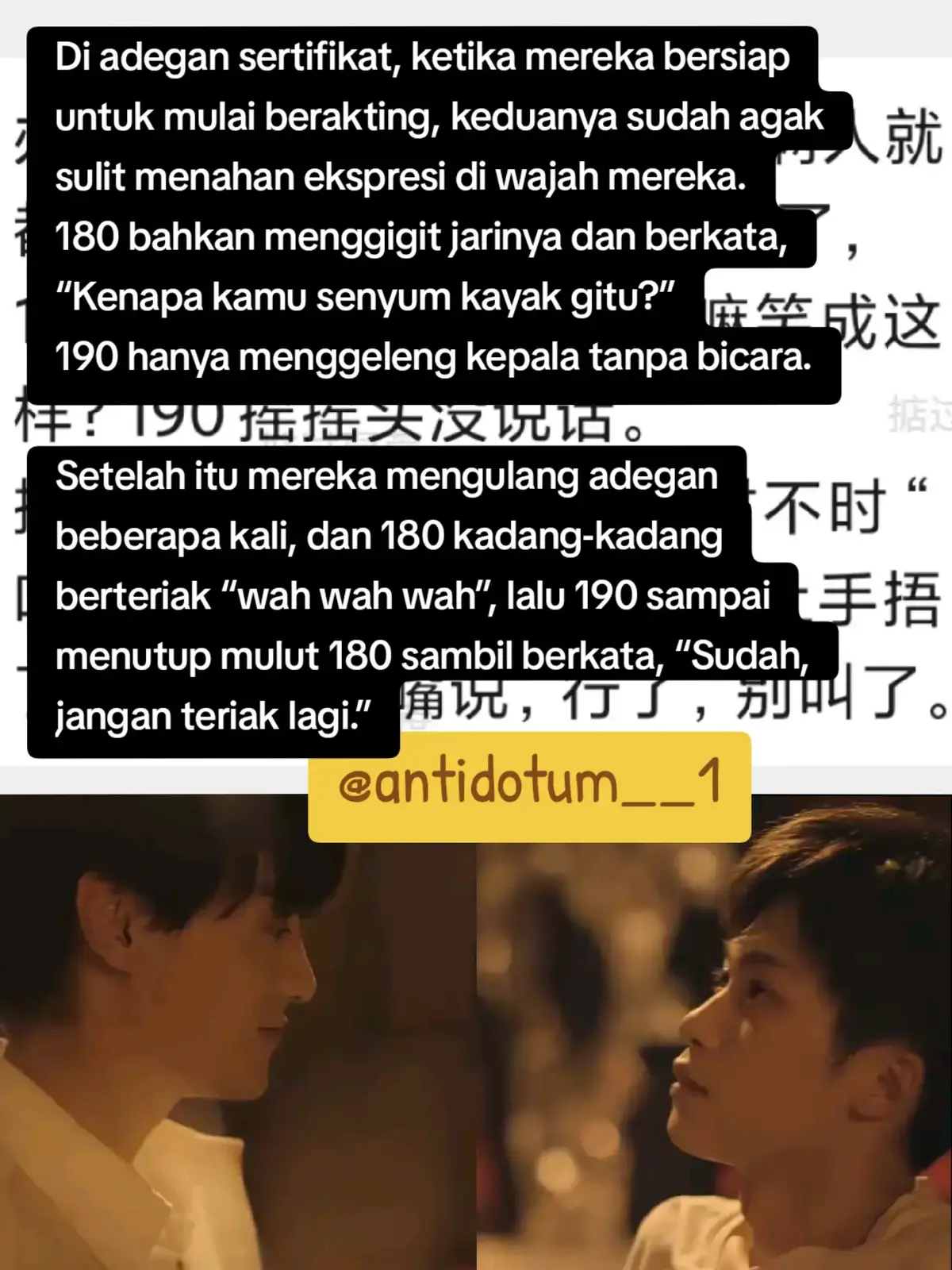 In the certificate scene, when they were getting ready to start acting, both of them could hardly keep straight faces. 180 even bit his finger and said, “Why are you smiling like that?” 190 just shook his head without saying anything. After that, they ran through the scene several times, and 180 would sometimes go “wah wah wah,” so 190 even covered 180’s mouth and said, “Alright, stop yelling.” #tianxuning #ziyu #fyppppppppppppppppppppppp  #blchina #revengedlove 