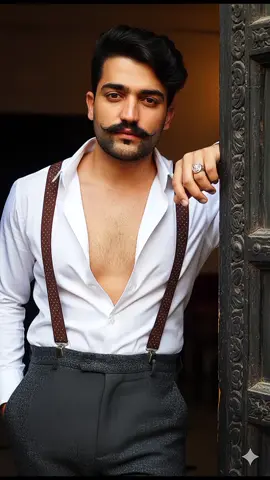 Ultra-realistic photography of a man in a slightly androgynous yet alluring style. He is wearing an unbuttoned crisp white dress shirt with an open collar revealing a deep plunging neckline, paired with high-waisted, tailored trousers in a dark, textured tweed or wool fabric, held up by vintage-style suspenders with a polka-dot or patterned design.. dark hair, one ring on finger, with soft waves and volume The man is leaning against or framed by a dark wooden or metal#creatorsearchinsights 