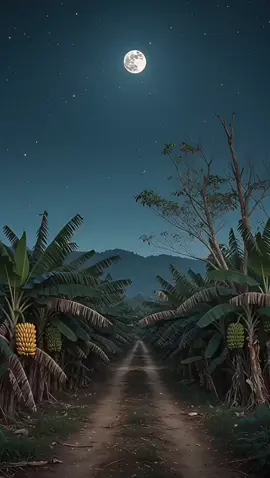 Suasana malam di kebun pisang, diterangi cahaya bulan purnama 🌕✨ Angin malam berbisik lembut… tenang dan damai 🍃 #EstetikMalam #CinematicVibes #naturevibes #moonlight #pyfツ 