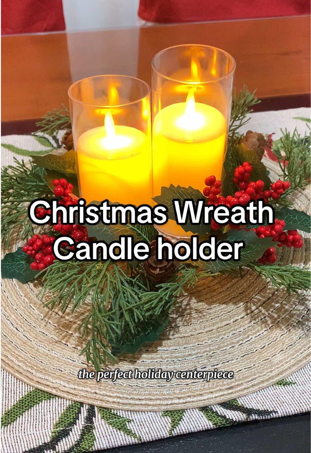 Add charm & glow with this Christmas wreath candle holder #christmastable #christmasdecor #candlestick #christmascandleholder #christmaswreath 
