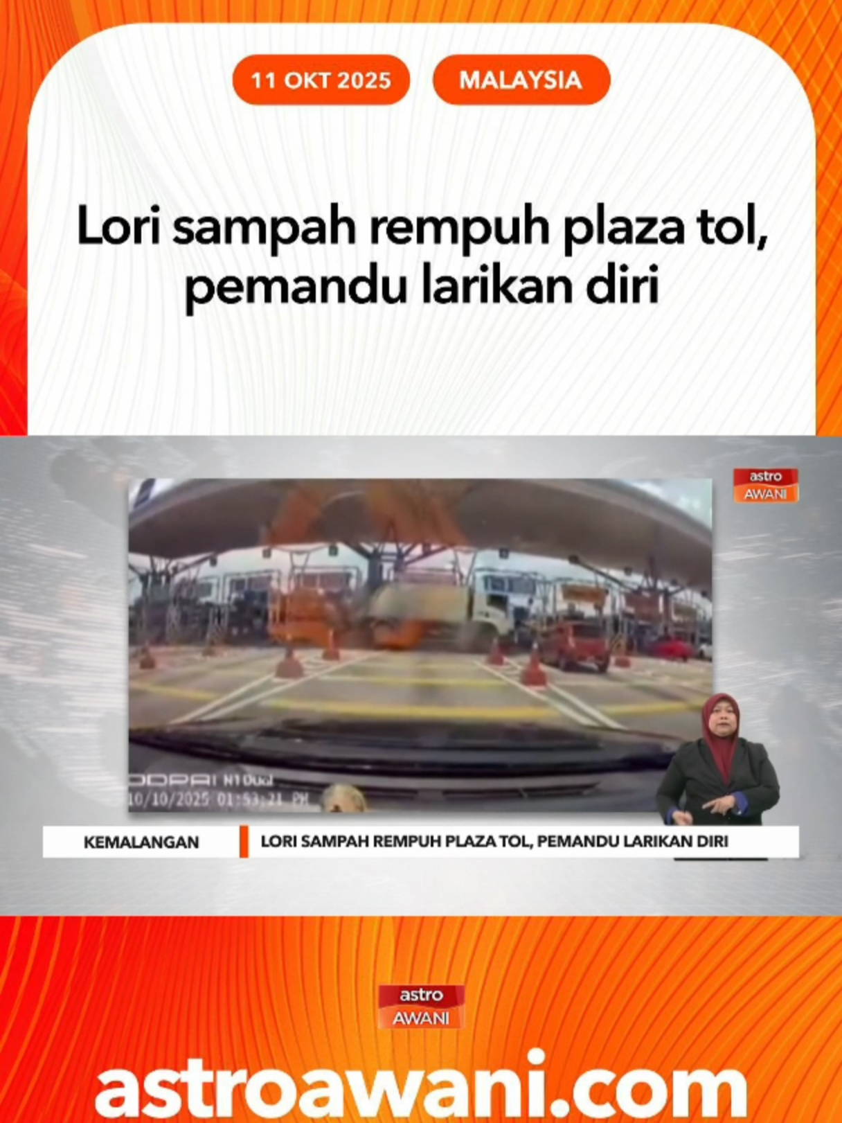 Seorang pemandu lori sampah hilang kawalan dan terbabas lalu melanggar tembok di Plaza Tol Puchong Selatan sebelum melarikan diri. #AWANInews #AWANI745