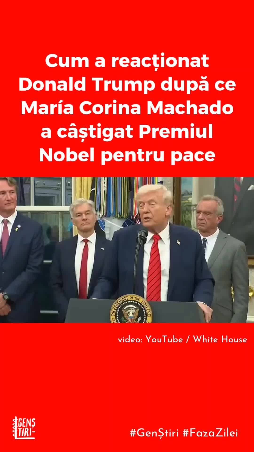 Președintele american a reacționat public după ce lidera opoziției din Venezuela, Maria Corina Machado, a primit Premiul Nobel pentru Pace, un premiu pe care el a susținut că îl merită pentru „rezolvarea a șapte sau opt conflicte”. El a spus în cadrul unei conferințe de presă că a vorbit telefonic cu câștigătoarea, iar Machado a confirmat acest fapt, dar nu a detaliat ce au vorbit. Trump a mai declarat că a ajutat-o pe câștigătoare în drumul său de protejare a libertăților din Venezuela și a spus în ianuarie că aceasta duce o luptă pentru libertate, care „trebuie să rămână în viață”. Ea a transmis pe X: „Dedic acest premiu poporului suferind din Venezuela şi președintelui Trump pentru sprijinul său decisiv pentru cauza noastră