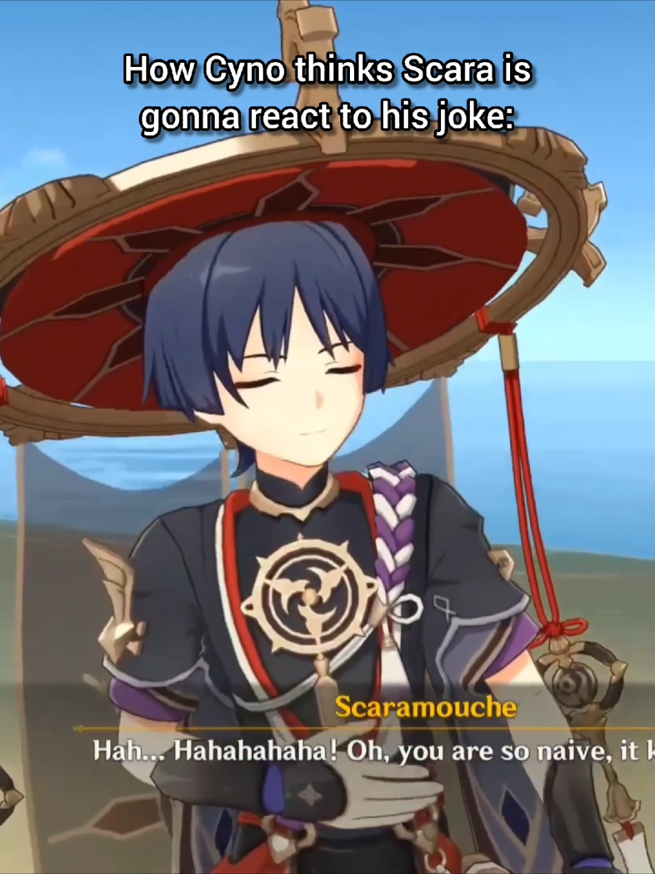 Scara is definitely a fan of these jokes, he looks like he's enjoying them  #GenshinImpact #genshin #scaramouche #cyno #fyp  @Baku || durin fan 