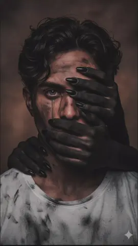 Gemini Al Prompt Usa las características faciales de la foto adjunta y Crea un retrato hiperrealista y dramático de un joven con ojos grises enmarcados por un despeinado cabello ondulado de color castaño oscuro. Su rostro está parcialmente oculto por dos manos  con  garras negras que surgen de atras cubiertas de hollín o ceniza negra, simbolizando  miedo. Una mano cubre un ojo, otra cubre su boca. Revela solo su ojo izquierdo lloroso que mira directamente al espectador con una mirada penetrante y llena de miedo  Su rostro y cuerpo también están manchados de negro, añadiendo a la estética y áspera. Solo una simple camiseta blanca manchada de ollin o ceniza negra. El fondo está suavemente desenfocado, con tonos cálidos y apagados que contrastan con la oscuridad de las manos. El estado de ánimo general es inquietante, poderoso y simbólico, evocando temas de silencio, resiliencia y fuerza oculta. #photostudio #terrorifico #prompt #gemini #diademuertos 