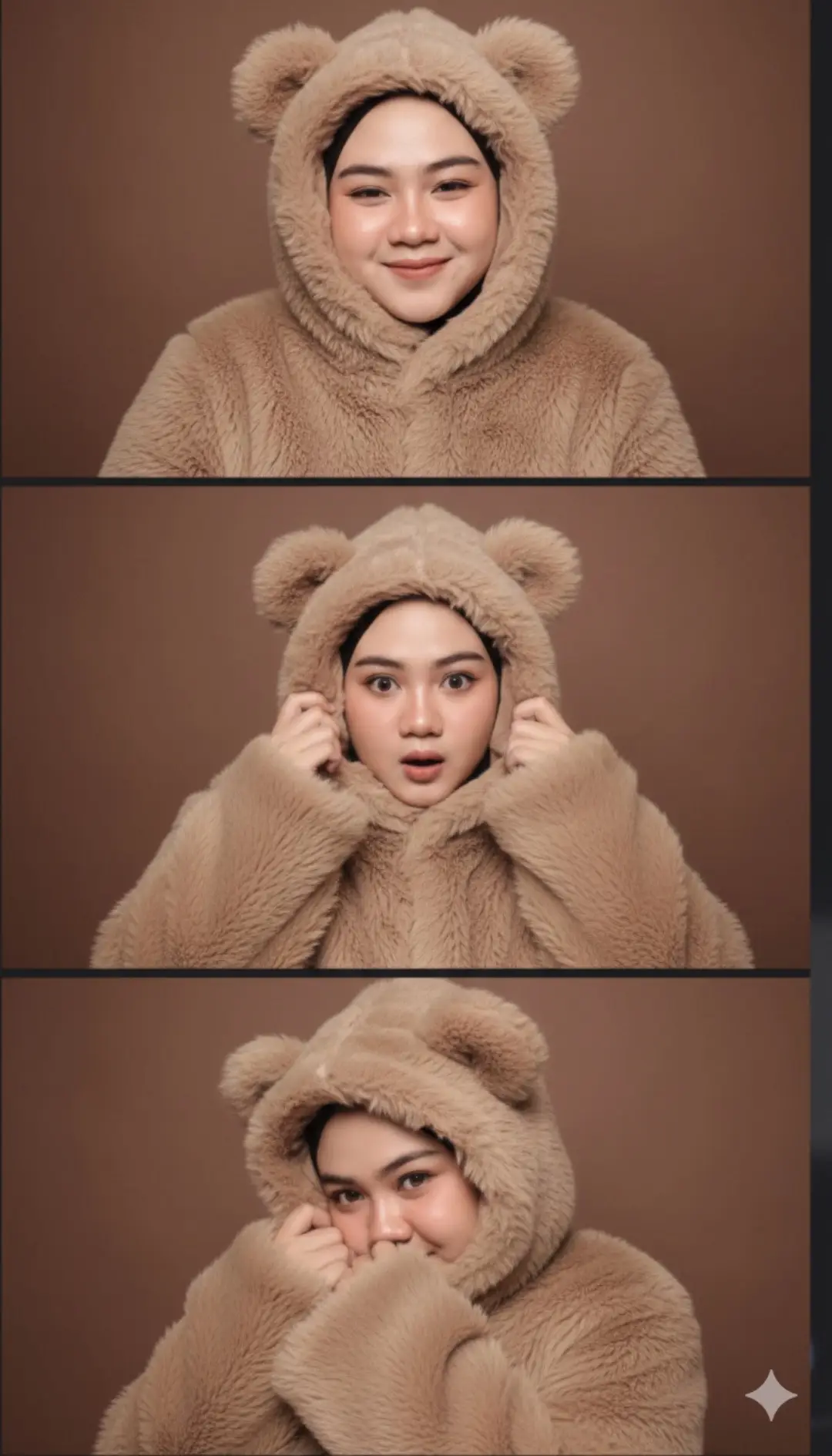 Editlah Poto ku menggunakan jaket bulu berhoodie telinga jadikan tiga Poto berjejer vertikal, ala ala photobooth background coklat pose beda beda, lucu dan unik jangan ubah wajahku buat tetap asli tanpa di ubah ubah