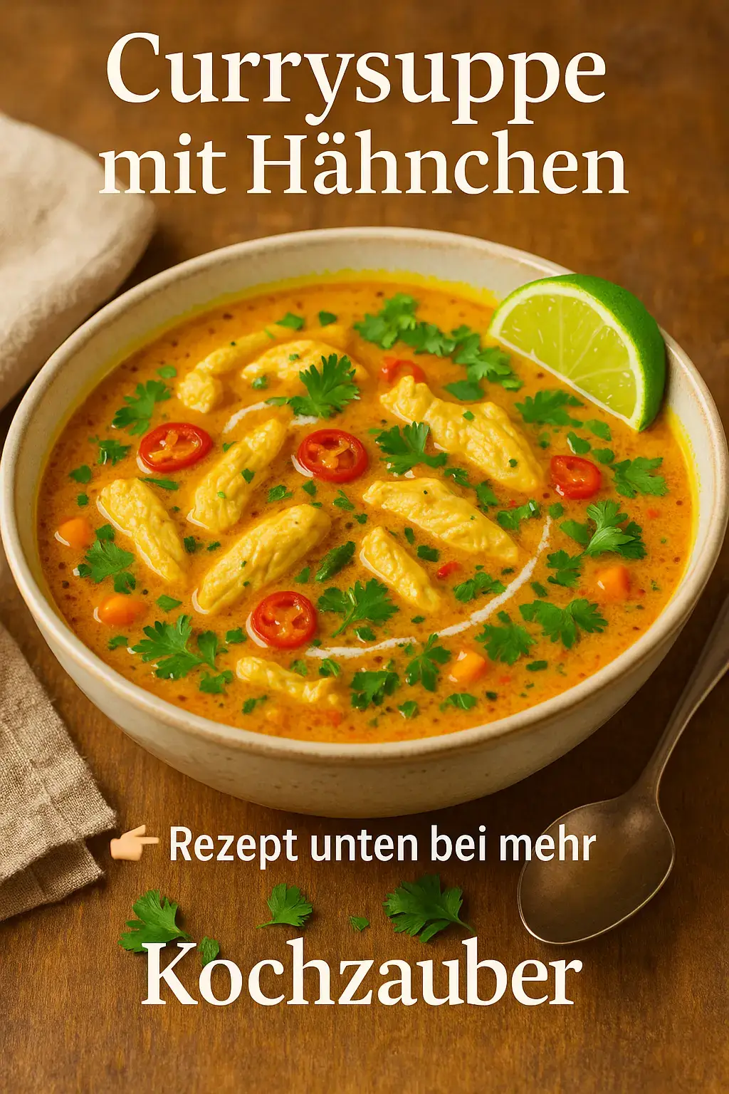 👩‍🍳 Für 4 Personen Zutaten: 🥩 300 g Hähnchenbrustfilet 🧅 1 Zwiebel 🧄 1 Knoblauchzehe 🫑 1 rote Paprika 🥕 1 kleine Möhre 🥛 400 ml Kokosmilch 🥣 400 ml Hühnerbrühe 🧈 1 EL Öl 🌶️ 1–2 TL Currypulver 🥄 1 TL Kurkuma 🍋 1 TL Limettensaft 🧂 Salz & Pfeffer 🌿 Frischer Koriander oder Petersilie zum Garnieren Zubereitung: 1️⃣ Zwiebel, Knoblauch, Paprika und Möhre klein schneiden. 2️⃣ Hähnchen in feine Streifen schneiden. 3️⃣ Öl in einem Topf erhitzen und Zwiebel & Knoblauch glasig anbraten. 4️⃣ Curry und Kurkuma dazugeben, kurz mitrösten, damit sich die Aromen entfalten. 5️⃣ Hähnchenstreifen hinzufügen und rundum anbraten. 6️⃣ Mit Brühe und Kokosmilch ablöschen, 10–15 Minuten köcheln lassen. 7️⃣ Mit Limettensaft, Salz & Pfeffer abschmecken. 8️⃣ Mit frischem Koriander, Chili und etwas Curryöl garnieren 🌿🌶️ 💡 Kochzauber-Tipp: Wenn du die Suppe besonders cremig willst, püriere einen kleinen Teil des Gemüses und rühr ihn wieder ein, so wird sie samtig ohne zusätzliche Sahne 🥰✨ #kochzauber #rezept #lecker #Recipe #exotic 