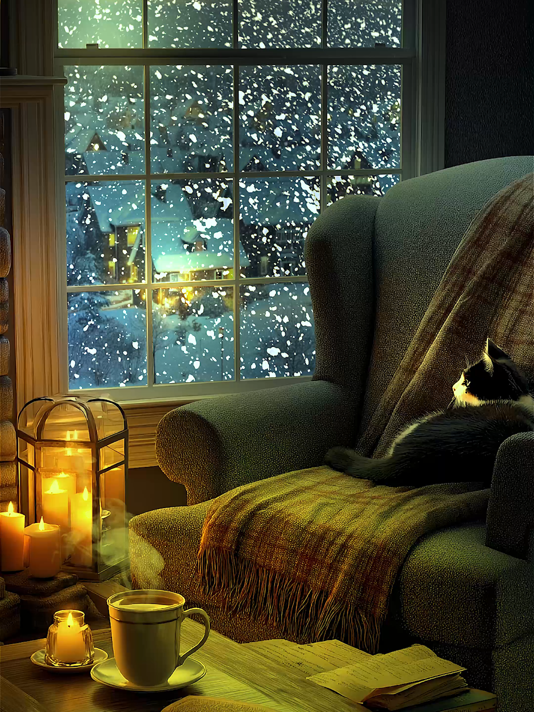 Snowfall + candle glow + sleepy cat = peak cozy. ⠀ ⠀ ⠀ ⠀ Steaming tea and books by the window while winter hushes the night. #ambiancehometv #cozytok #wintervibes #snowynight #readingnook #candlelight #relaxingvideo
