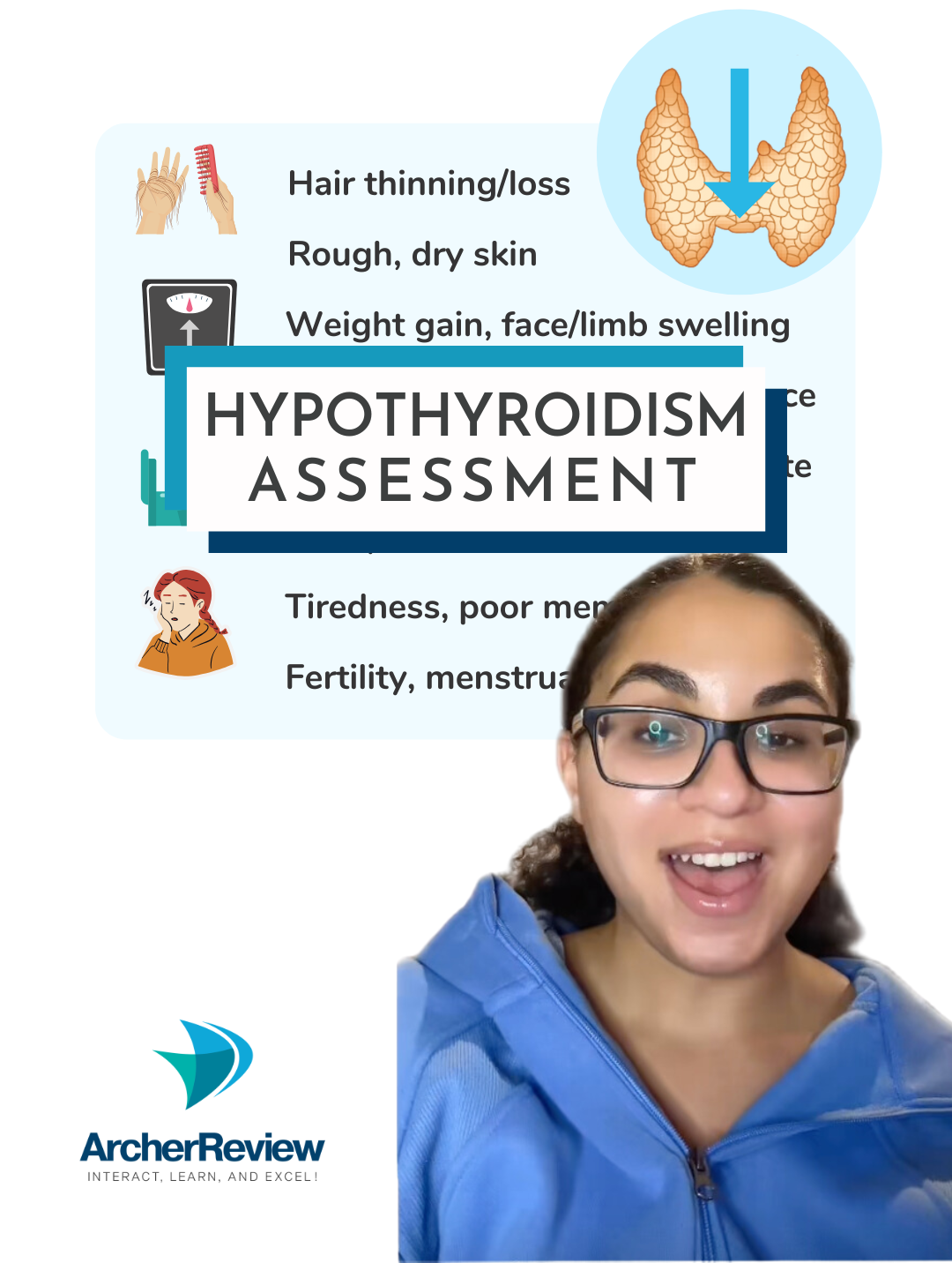 In HYPOthyroidism, the thyroid is not making enough thyroid hormone! This will cause everything to SLOW 🐢 down…resulting in assessment findings like bradycardia, constipation, hair loss, and 😴 tiredness. A key assessment finding to note is that these clients may also have cold 🥶 intolerance because their body is not able to effectively convert and use stored energy - which makes it harder for them to regulate their body temperature! Need more help with must-know NCLEX® topics like this? We have tons of on-demand videos to get you ready for exam day - included with our Sure PASS Combo! #futurern #nclexprep #nclexexam #nclexstudying #nclexhelp