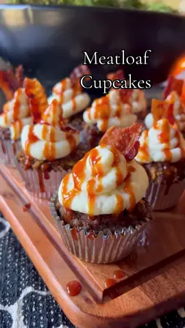 Meatloaf Cupcakes!😋 Hear me out… the perfect portion of meatloaf, topped with mashed potatoes, bacon, and hot honey bbq!  1. Use your favorite meatloaf recipe, and press into cupcake liners in a muffin tin.  2. Once meat it cooked through, fill an icing bag with mashed potatoes and pipe onto the top of the meatloaf.  3. Garnish with a piece of cooked bacon.  4. Drizzle over your favorite bbq sauce!  #EasyRecipes #DinnerIdeas #weeknightmeals 