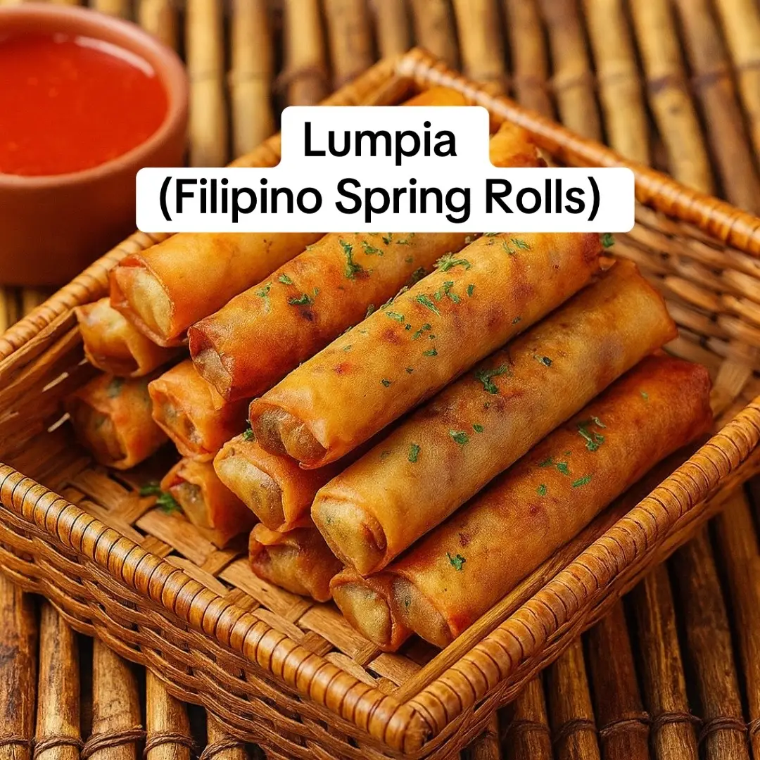Ingredients: For the Filling: 	•	1 lb ground pork (or beef, chicken, or shrimp) 	•	1 small onion, finely chopped 	•	3 cloves garlic, minced 	•	1 cup finely chopped carrots 	•	1 cup finely chopped cabbage (optional: bean sprouts or green beans) 	•	¼ cup green onions, finely chopped 	•	1 egg 	•	1 tablespoon soy sauce 	•	½ teaspoon black pepper 	•	½ teaspoon salt For Wrapping & Frying: 	•	1 pack lumpia wrappers (spring roll wrappers, cut into quarters if large) 	•	1 egg white or water (to seal edges) 	•	Cooking oil for frying Instructions: 	1.	Make the filling: In a large bowl, mix ground pork, onion, garlic, carrots, cabbage, green onions, egg, soy sauce, salt, and pepper. Stir until evenly combined. 	2.	Wrap the lumpia: 	•	Separate the wrappers carefully. 	•	Place 1 tablespoon of filling near one corner of the wrapper. 	•	Roll tightly into a log shape, folding in the sides as you go. 	•	Seal the end with a dab of egg white or water. 	3.	Fry: 	•	Heat oil in a deep pan over medium heat (350°F / 175°C). 	•	Fry lumpia in batches until golden brown and crispy — about 3–4 minutes per side. 	•	Drain on paper towels. 	4.	Serve: Serve hot with sweet chili sauce or vinegar-garlic dipping sauce. Tips: 	•	For extra crispiness, freeze wrapped lumpia for 15–20 minutes before frying. 	•	You can bake them at 425°F for 20 minutes if you prefer a lighter version. #lumpia #filipino #springrolls #food #fyp 