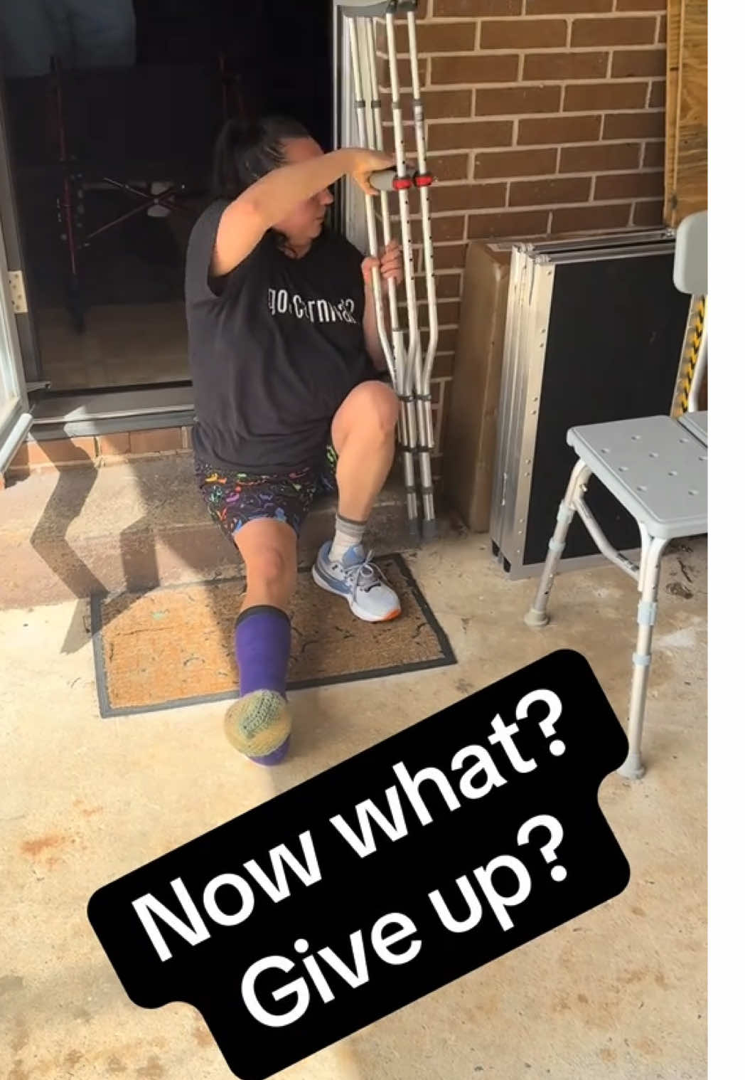 Just a regular person with real challenges with a broken ankle.  Crutches and the step are so scary for me.  The fear of reinjury or another injury plagues me.  I am glad I ditched the wheelchair and crutches and took the step in a way I felt safe and confident.  #brokenankle #makeitwork #overcome 