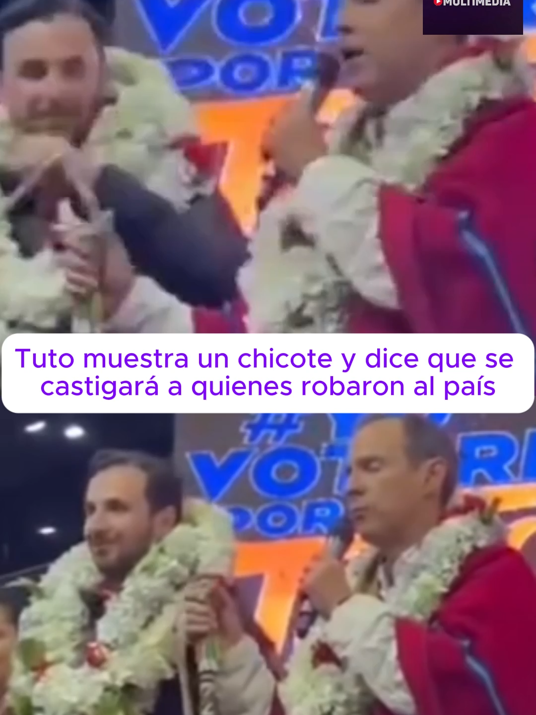 Jorge Quiroga muestra un chicote y asegura que se castigará a quienes robaron en lo últimos 20 años al país, hasta que devuelvan la plata