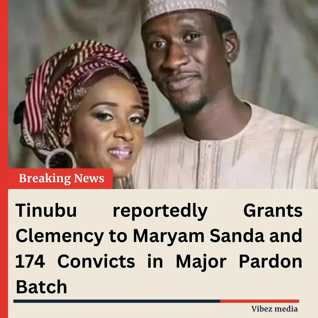 News reporters reports that President Bola Tinubu has pardoned Maryam Sanda, convicted in 2020 for the 2017 stabbing death of her husband Bilyaminu Bello during a domestic dispute in Abuja, as part of a clemency decision affecting 175 individuals including death-row inmates and former lawmaker Farouk Lawan. The action, exercised under Section 175 of Nigeria's 1999 Constitution following a review by the Advisory Council on Prerogative of Mercy, was based on Sanda's good conduct in prison and family pleas concerning her two children's welfare. The batch also includes commutations for seven death sentences and reduced terms for others convicted of various offenses. #tinubu #pardon #fyp #nigeriantiktok🇳🇬 #vibezmedias 