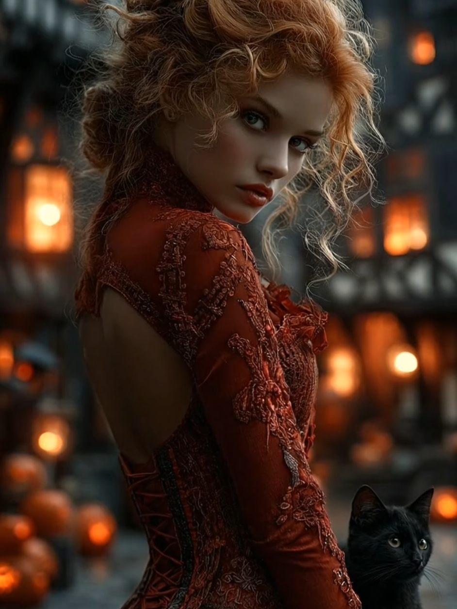 When the autumn night calls you into its embrace 🌙✨ Gothic vibes, mystery and a touch of old city magic... She's been waiting for this moment all year long 🦇 Red dress, black cat and a promise to return on the darkest October night 🕯️ Victorian elegance with a secret knows where you'll be on the 31st 👻 Invitation accepted? See you on Halloween... 🎃🖤 gothic aesthetic, victorian fashion, halloween vibes, dark romance, spooky season, autumn atmosphere, mysterious girl, black cat energy, october mood, costume inspiration, vintage elegance, supernatural, fantasy character, dramatic makeup, period costume, candlelight ambiance, haunted beauty, dark academia, witchy woman, creepy cute #Halloween #Spooky #Gothic #Vampire #HalloweenCostume 