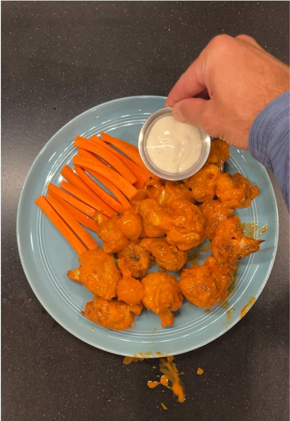 Y’all ever have buffalo cauliflower? Not as good as chicken… #buffalocauliflower #cauliflowerwings #buffalowings #buffalochicken #footballfood 