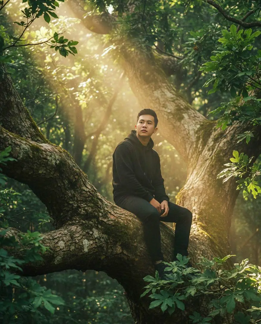 Tutorial edit di GEMINI AI 🫵 1. buka aplikasi Gemini 📲 2. Masukan foto kamu 📸 3. Copy+paste prompt di bawah 👇 ​ PROMPT : A stylish young man sitting calmly on a giant tree deep inside an enormous forest — sunlight filtering through dense green leaves, soft mist floating in the air, cinematic atmosphere, ultra-realistic lighting, detailed textures of bark and leaves, depth of field effect, 8K ultra HD, film color tone, peaceful yet mysterious vibe. #promptgemini #fyp #gemini #geminitrend #GeminiAi 