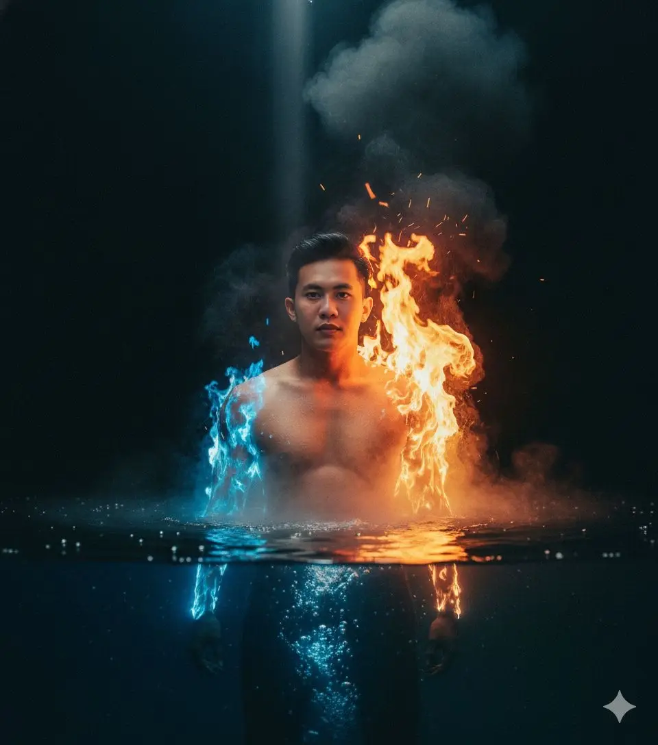 Tutorial edit di GEMINI AI 🫵 1. buka aplikasi Gemini 📲 2. Masukan foto kamu 📸 3. Copy+paste prompt di bawah 👇 ​ PROMPT : A man standing half-submerged in deep water at night, one side of his body is burning with bright orange flames while the other side glows cold blue under the water, cinematic lighting, intense contrast between fire and water, slow motion effect, realistic film tone, smoke and steam rising from the surface, epic dramatic atmosphere, ultra-detailed 8K, volumetric light, dark background, surreal yet realistic composition. #GeminiAi #geminitrend #gemini #fyp #promptgemini 