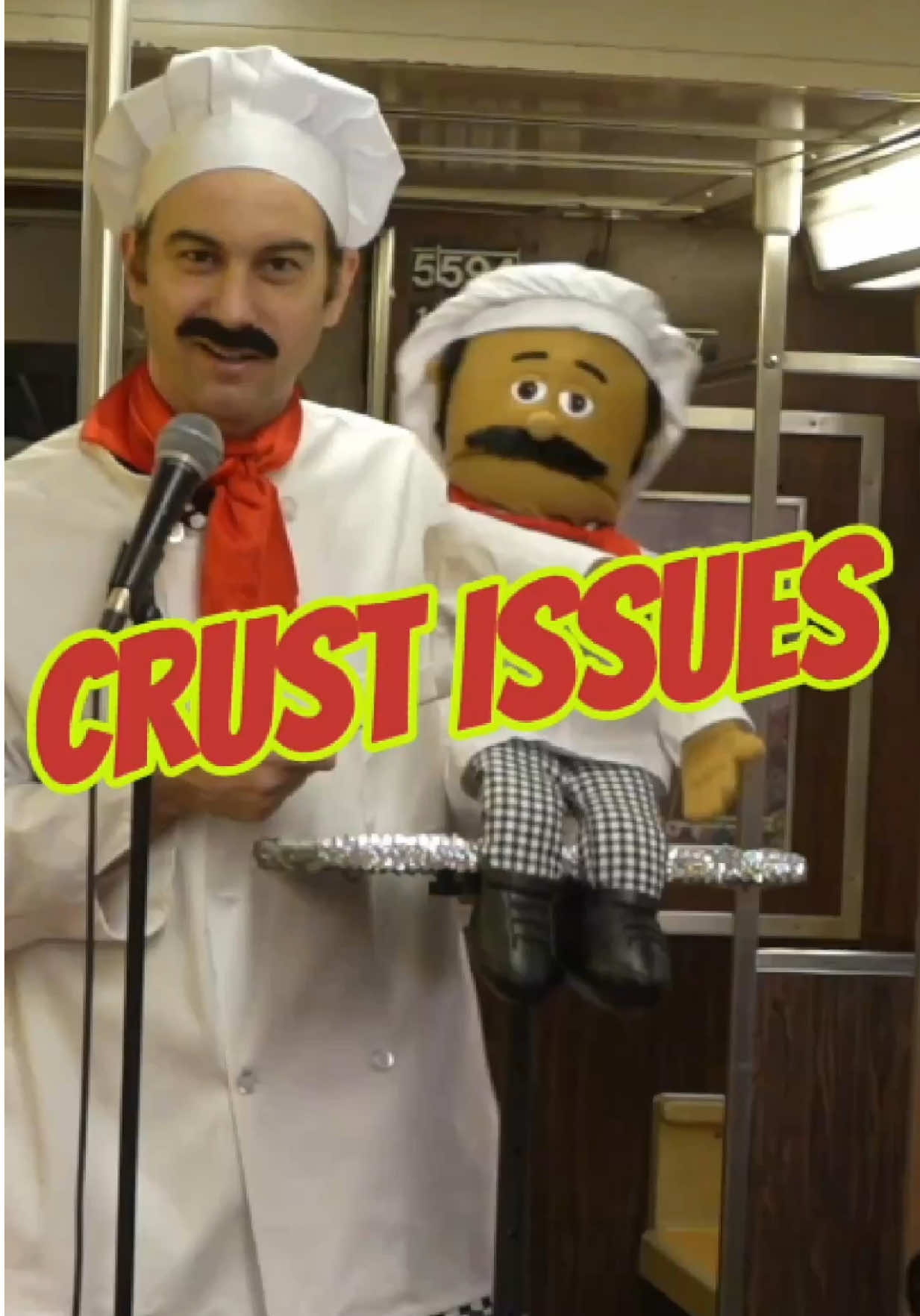 A pizza maker ventriloquist does stand up on the subway in NYC. #ventriloquist #comedian #pizza #nyc 