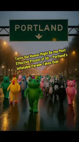 A surreal scene in Portland: hundreds in inflatable frog, chicken, and shark costumes march through the rain — proof that laughter still leads the way. #portland #inflatable #protest #humor 