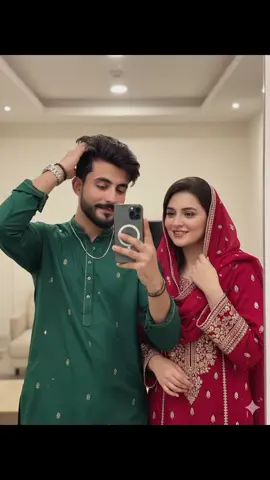 couple prompt Ai 👇  Ultra-realistic, cinematic selfie of a young Pakistani couple in front of a softly-lit or neutral background. The man holds his phone in one hand so it's visible in the mirror, while his other hand runs through his hair, showing a stylish wristwatch or bracelet. He wears a deep green kurta with subtle embroidery and a sleek chain necklace. The woman wears a red embroidered shalwar kameez with a flowing dupatta styled elegantly. Faces and hairstyles must remain 100% identical to the reference images, with no changes in features or identity. Faces can be partially covered by hand or hair for a casually stylish and natural look Ultra-realistic textures for clothing, accessories, and skin, with cinematic lighting to emphasize depth and realism #googlegemini #geminiprompt #gemini #ai #aiprompt 