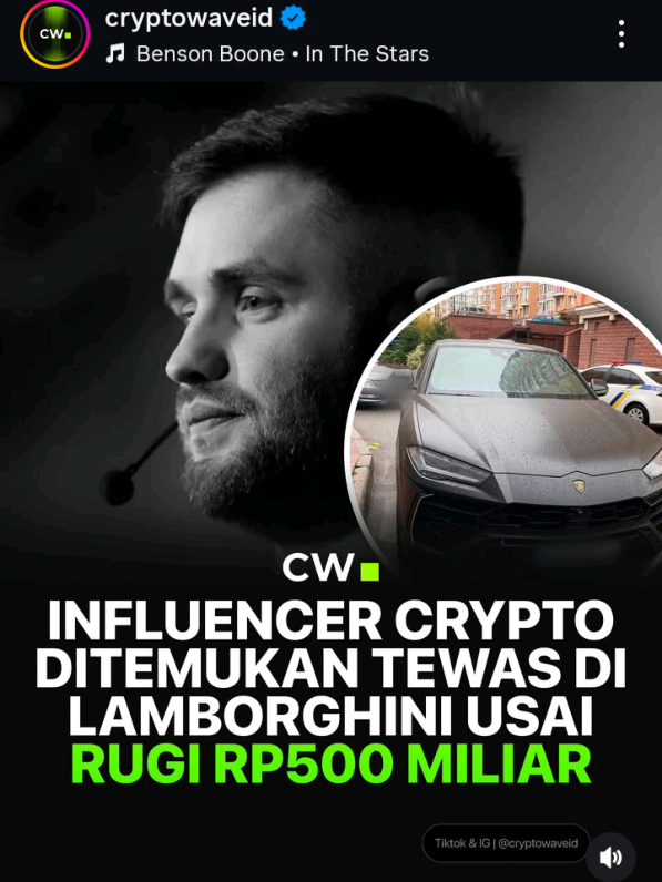 Kabar duka datang dari dunia crypto, influencer crypto ditemukan tewas di Lamborghini usai rugi Rp500 miliar 😞 #cryptoclipper #cryptowave #edukasicrypto #bitcoinindonesia #fyp 