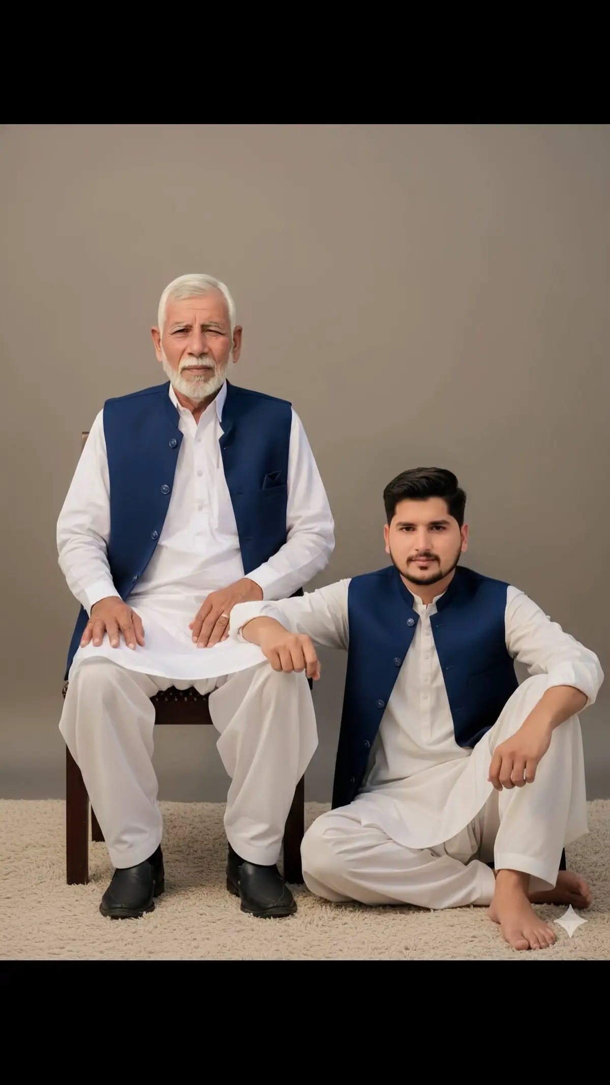 Gemini father and son prompt Prompt (Father and son) 1: Open Gemini app 2: Upload a photo 3: Paste the prompt Convert this image into ultra 8k realistic photo of 2 guys (take reference face as uploaded images faces) pose for a studio portrait. The guy 1 (take reference face as uploaded image face of first image 100%), seated on a wooden chair with straight posture, wears Pakistani shalwar qameez, and guy 2 (take reference face as uploaded slim face of second image 100%) sits on the floor beside him wearing same dress, the faces both guys faces should be 100% matched as in both reference photos 1 and 2 #googlegeminitrending🥰 @USMAN001 @Råجã king👑✅ @♕︎𝕄ℍℝ 𝔸𝕝𝕚♕︎ 