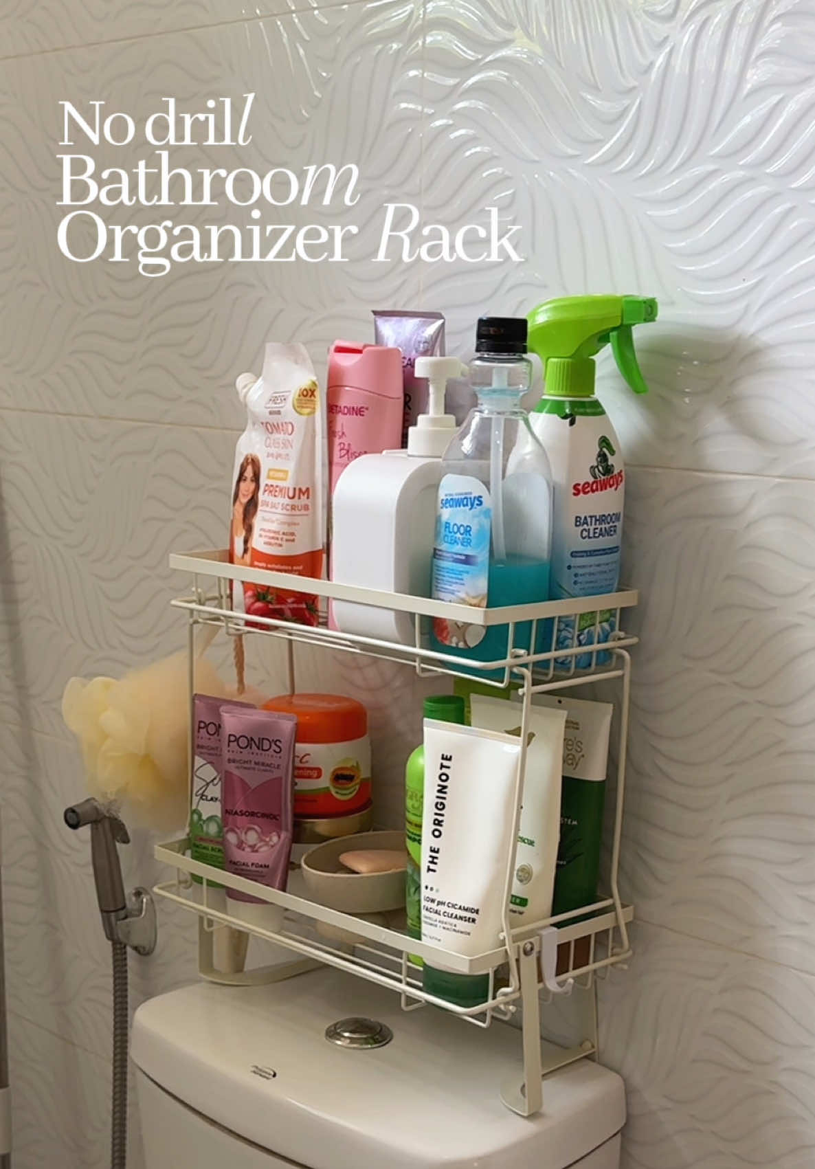 No drill Bathroom Organizer Rack🫶 #bathroomrack #bathroomorganizer #bathroomorganizerrack #bathroommakeover #bathroomdesign 