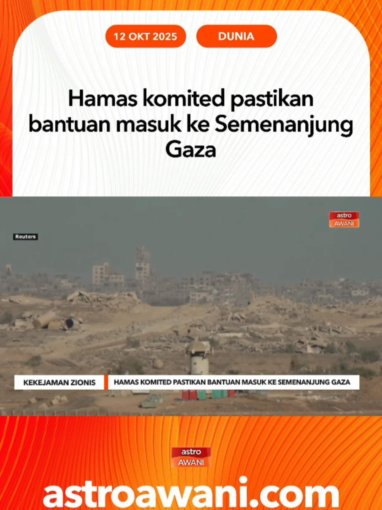 Seorang pemimpin kanan Hamas pada Sabtu berkata kumpulannya sedang menyelaraskan usaha dengan pelbagai pihak bagi memastikan kemasukan bantuan kemanusiaan ke Semenanjung Gaza. #AWANInews