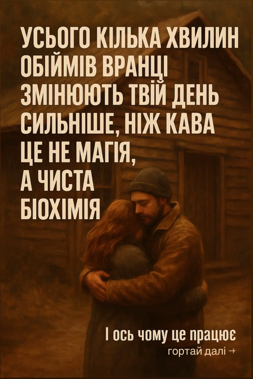 Коли ти торкаєшся близької людини хоча б кілька хвилин, тіло заспокоюється, серце б’ється рівніше, а мозок отримує сигнал: «поруч — безпечно». Ранкові обійми — як природний антидепресант. Вони роблять навіть понеділок м’якшим. Спробуй завтра. Три хвилини — і день піде зовсім інакше. ☕🤎 #vypasniak #vypasniakandrii #hugtherapy 