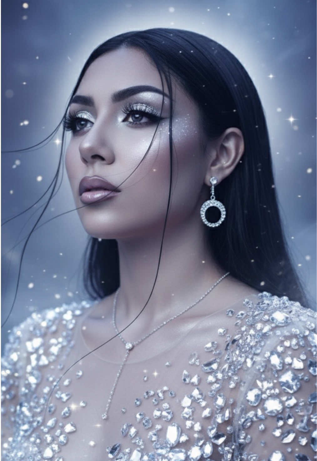 🌙 Ultra-realistic editorial portrait in dreamy fantasy style. Mobile phone quality.   Do not change the person’s face.   Do not blur the background.   A radiant high-fashion portrait of me styled as a lunar oracle bathed in silver moonlight. The pose is calm yet powerful — head turned slightly to the side, gaze serene, as if listening to the universe.   Look & Styling:   – Long straight platinum hair with silver streaks and a few strands floating softly.   – Skin porcelain-pale, with cool undertones and a dewy moonlit glow.   – Eyeshadow shimmering in icy tones of silver, pearl, and pale lilac.   – Subtle eyeliner and long lashes.   – Lips glossy with a soft metallic sheen.   – Dress made of translucent fabric covered in crystal fragments and sequins reflecting the moonlight.   – Silver crescent-shaped earrings and delicate jewelry resembling constellations.   Lighting & Background:   – Cool-toned lighting with silver-blue and violet hues.   – A moon halo glow softly behind the figure.   – Gentle mist and twinkling particles floating in the air.   Mood:   Mystical, divine, and tranquil — a moon goddess embodying wisdom and serenity, standing between night and dawn. #gemini #fypシ゚viral #foryourpage #tiktokviral #trending 