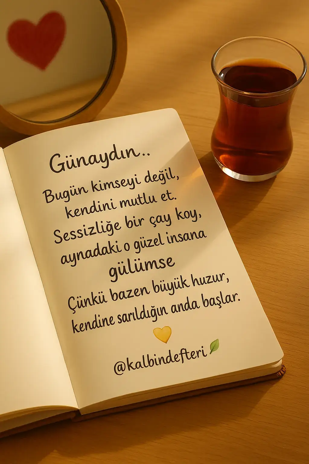 Bugün kimseyi değil, kendini mutlu et. Bir çay koy, sessizliğe karış… Çünkü bazen en büyük huzur, kendine sarıldığın anda başlar. 🍃💫 @kalbindefteri #Günaydın #KalbinDefteri #KendiniSev #PazarHuzuru #SabahSözleri