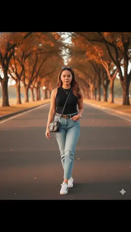 𝐆𝐄𝐌𝐈𝐍𝐈 𝐀𝐈 𝐓𝐑𝐄𝐍𝐃 𝐏𝐑𝐎𝐌𝐏𝐓 Prompt: Please create using my picture keep in real  A realistic full-body photo of a woman standing confidently in the middle of a tree-lined road during golden hour. She is wearing a black women's sando top and light denim jeans, styled with a black Gucci belt and white  onitsuka tiger Mexico 66 vintage sneakers with black details. She carries Dior black crossbody bag and wears a wristwatch, delicate necklace, and bracelet. Her long wavy brown hair is down, and she has light natural makeup with soft lipstick. Sunglasses rest on her head. The lighting is warm and cinematic, capturing a calm, confident mood in an outdoor park setting. Ultra-realistic detail, natural colors, and soft depth of field. #geminiai #prompterchallenge #trends 