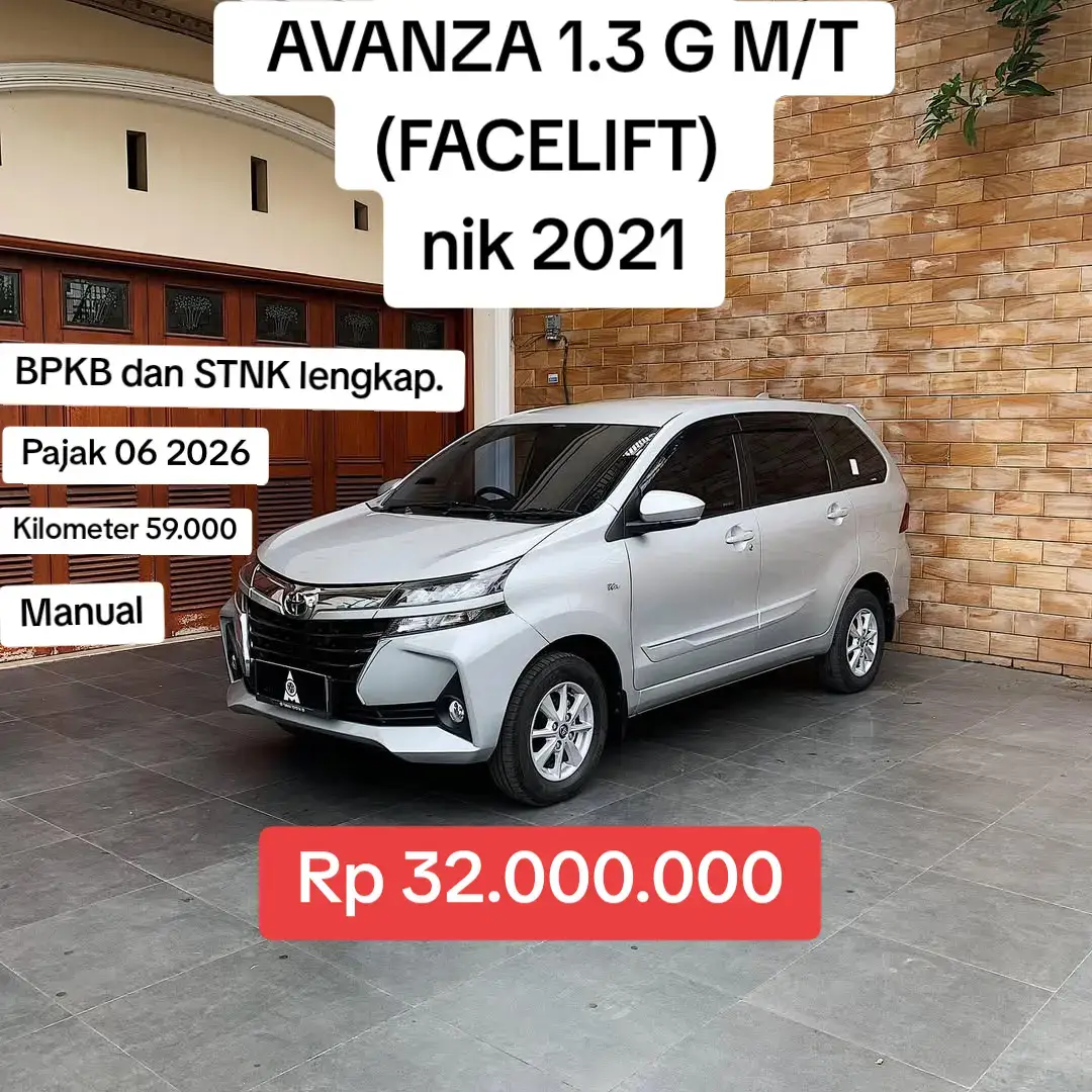 INFORMASI PENTING: Unit yang kami tawarkan merupakan kendaraan hasil penarikan dari pihak leasing. Harga lelang telah ditetapkan berdasarkan perhitungan sisa kewajiban kredit yang belum terselesaikan (kredit macet) oleh pemilik sebelumnya. Oleh karena itu, wajar apabila harga lelang yang kami berikan jauh di bawah nilai pasaran. Harga tersebut sudah bersifat tunai (cash) dan pembeli selanjutnya tidak memiliki kewajiban untuk melunasi sisa kredit sebelumnya. Selain itu, harga juga sudah termasuk biaya mutasi, balik nama, dan ganti plat kendaraan, sehingga proses administrasi menjadi lebih mudah dan transparan. --- SPESIFIKASI UNIT: TOYOTA AVANZA 1.3 G M/T (FACELIFT) NIK 2021 Warna: Silver on Black Tipe: MPV Manual Bahan bakar: Bensin Kilometer 59.000 Plat B Pajak 06 2026 Harga lelang: Rp 32.000.000 BPKB dan STNK lengkap. Service book available. Full orisinil. Ban & kunci serep available. --- KONDISI MOBIL: Mesin kering, halus, dan responsif. Transmisi manual presisi, perpindahan gigi ringan dan tidak ada selip. AC dingin hingga baris ketiga, sistem blower berfungsi dengan optimal. Suspensi empuk dan stabil, sangat nyaman untuk perjalanan jauh. Kaki-kaki senyap, tidak ada bunyi atau gejala aus. Kelistrikan normal, seluruh fitur berfungsi dengan baik termasuk audio dan lampu-lampu. Interior bersih dan terawat, jok original warna black dalam kondisi sangat baik. Mobil tidak pernah mengalami tabrakan maupun terendam banjir. Kunci serep dan buku servis tersedia lengkap dengan riwayat perawatan di bengkel resmi Toyota. Mobil siap digunakan tanpa perlu perbaikan tambahan. #LelangTerpercaya #LelangMobil #ToyotaAvanza #LelangMurah #fyp 