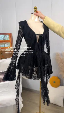 A women's Y2K style lace dress with bow tie and flounce sleeves. It's trendy, stylish, and full of charm. #TikTokShopFallDealsForYou #spotlightfinds #fyp #tiktok shop #fall fashion