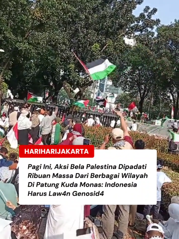 Aksi unjuk rasa hari ini, Minggu (12/10/2025) akan ada di Patung Kuda, Monas, Jakarta Pusat. Aksi damai ini merupakan perwujudan sikap bela Palestina.  Aksi digelar untuk mendukung rencana genc4t4n s3njat4 di Gaza, Palestina. Anggota panitia aksi bertajuk 
