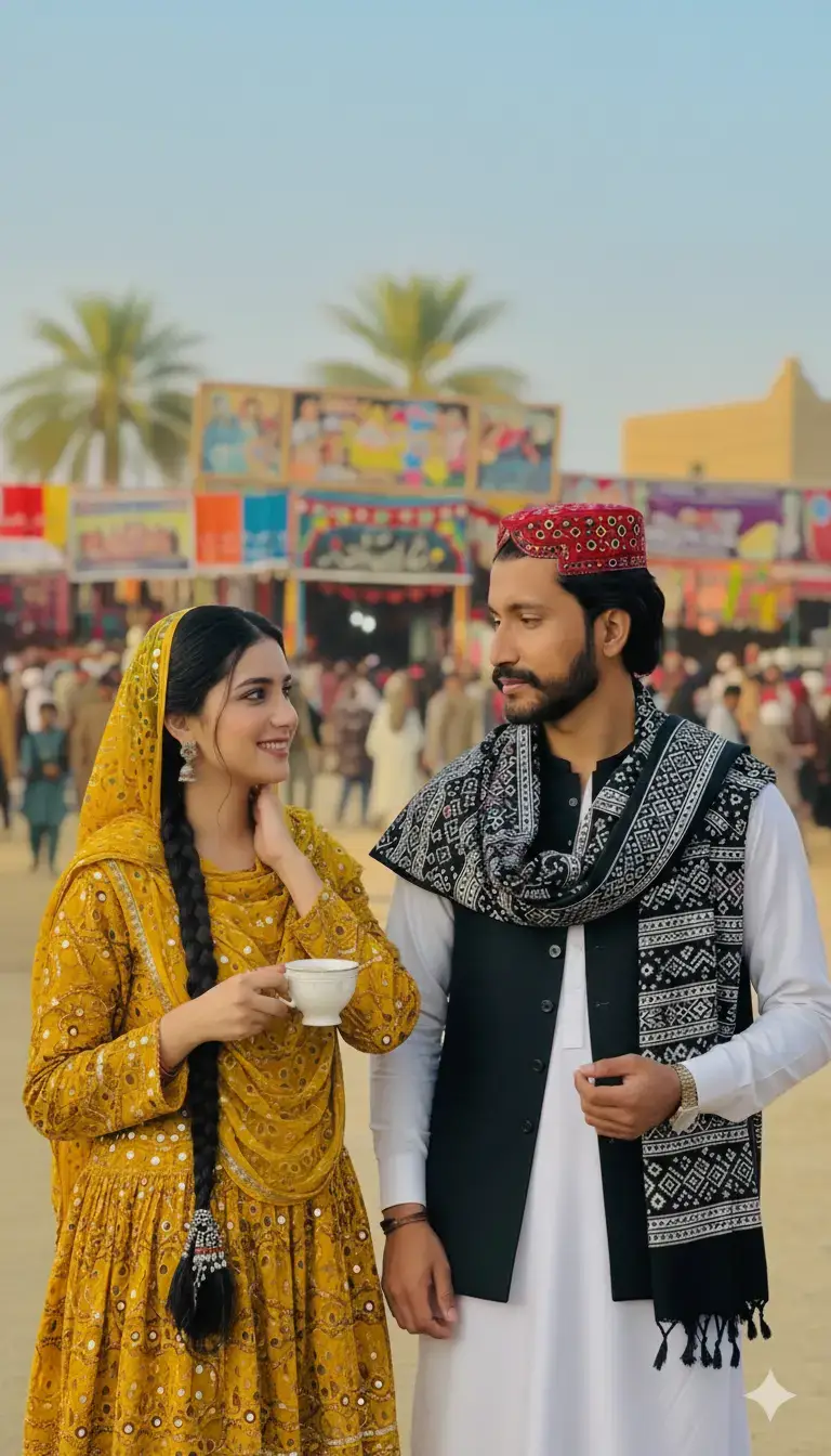 It looks like a vibrant cultural scene — a man and woman dressed in traditional South Asian attire, possibly from Sindh, Pakistan. The woman is wearing a beautiful mustard yellow embroidered dress with mirror work and a matching dupatta, while the man is in a white shalwar kameez with a black waistcoat and an Ajrak-style shawl. His red Sindhi cap adds a classic regional touch. They appear to be at a cultural fair or festival, with colorful stalls and palm trees in the background. The atmosphere looks festive and warm. #samansarkar #foryoupage #viralvideo #viraltiktok #jayesindh 
