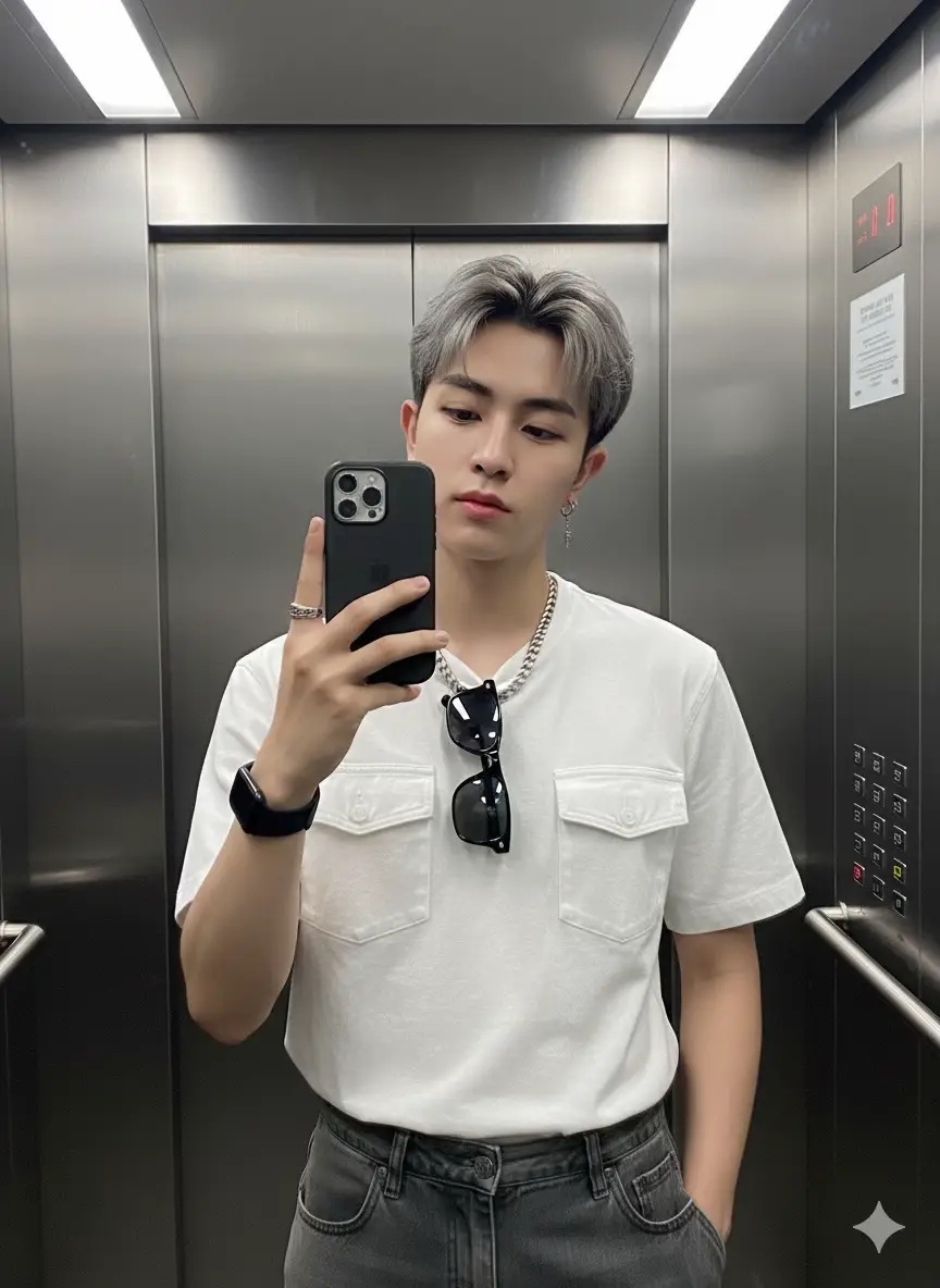 ; ภาพบุคคล HD ที่สมจริงเป็นพิเศษของหนุ่มหล่อ (ใบหน้าเดียวกัน 100%) ไม่แก้ไข ที่มีสไตล์ถ่ายรูปเซลฟี่กระจกในลิฟสุนทรียภาพโดยรวมมีความทันสมัย ด้วยสัมผัสของความหรูหราโดยใช้ iPhone 17 Promax สีดำที่แนบไป หนุ่มหล่อทรงผมต้นฉบับที่แนบ100% ทำไฮไลท์สีตรงปลายเส้นผม เป็นสีบลอนเทาควันบุหรี่ ผิวขาวอมชมพู ริมฝีปากสีชมพู  ผิวของเธอไร้ที่ติและเปล่งปลั่ง โดดเด่น ด้วยแสงที่นุ่มนวล ใส่เสื้อยีนคอกลมสีขาว ใส่กางเกงยีนส์สีดำเทา สวมต่างวินเทจแบบผู้ชาย นาฬิกาสมาร์ทวอชสีดำ แหวน  สร้อยคอเรทสีเงิน  ห้อยแว่นกันแดดสีดำไว้กับเสื้อที่ใส่  ท่าโพส : เธอถือโทรศัพท์ iPhone 17 Promax สีดำ ของเธออย่างสง่างาม และเป็นธรรมชาติ พื้นผิวเกรนที่ละเอียดอ่อน อัตราส่วน 4:3 มีแสงสะท้อนเรืองบนผมและผิวของเธอ