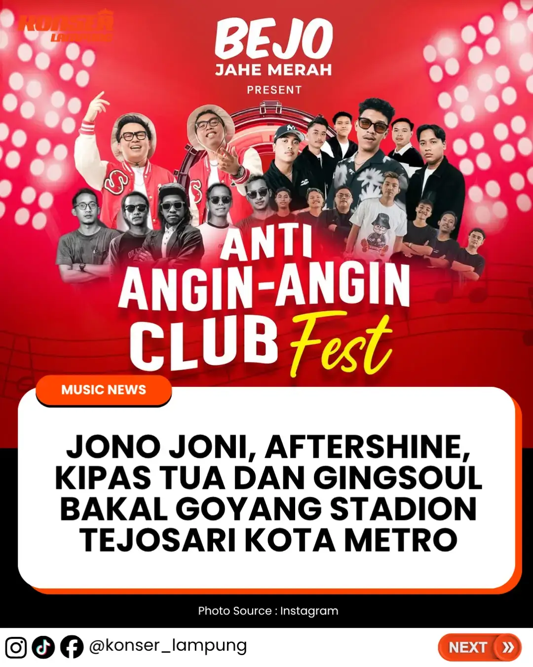 Kota Metro siap berguncang! Anti Angin Angin Club Fest bakal menghadirkan Jono Joni, Aftershine, Gingsoul, dan Kipas Tua di Stadion Tejosari pada 25 Oktober 2025. Rasakan energi musik lokal yang membara dan jadi bagian dari pesta terbesar tahun ini. Segera amankan tiketmu di goers.co/2525metro sebelum kehabisan! #JonoJoni #KonserLampung #Gingsoul #Aftershine #KipasTua 