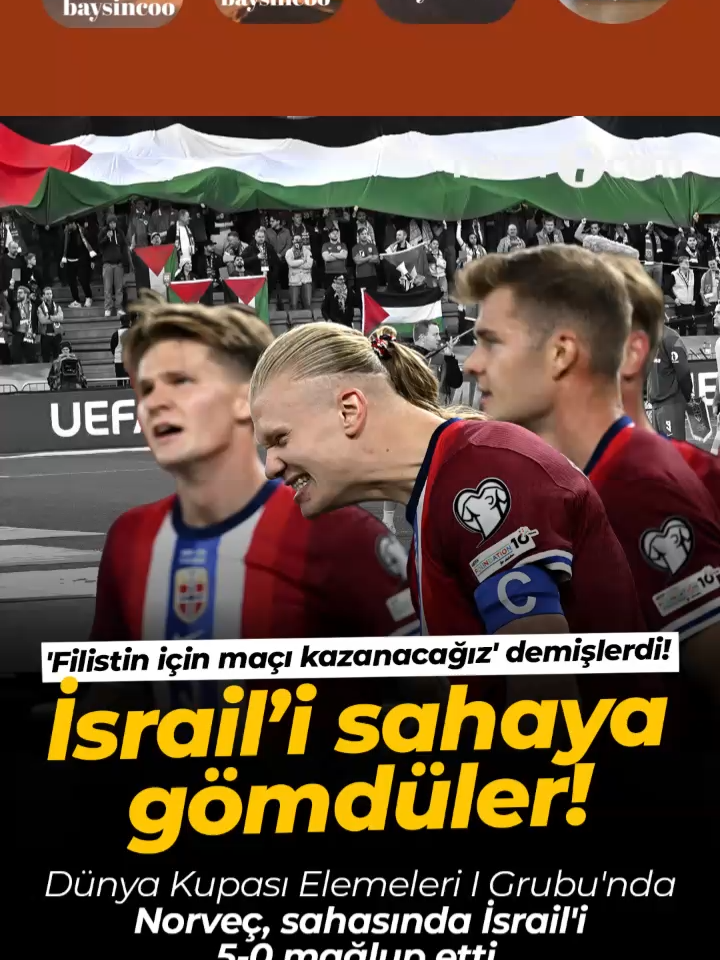 💥 İSRAİL'İ DARMADAĞIN ETTİLER! 💥 ⚽ Dünya Kupası Elemeleri I Grubu'nda Norveç, sahasında İsrail'i 5-0 mağlup etti. 🇵🇸 Karşılaşmadan önce açıklama yapan Norveç Futbol Federasyonu Başkanı Lise Klaveness, maçı Filistin için kazanacaklarını söylemişti.#israil❌ #keşfet #baysincoo