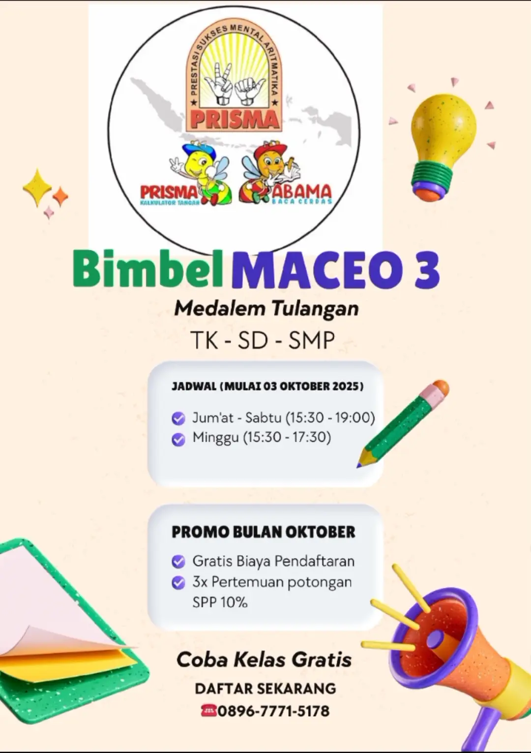 Telah di buka bimbel untuk TK-SD-SMP Segera Daftar banyak promonya di bulan Oktober 2025 #pintar #cerdas #semangatterus #belajar #sukses 